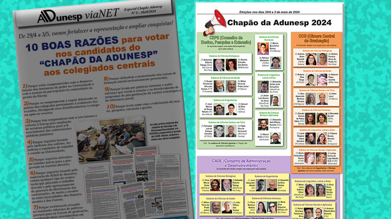 10 BOAS RAZÕES para votar nos candidatos do “Chapão da Adunesp” aos colegiados centrais. De 29/4 a 3/5, vamos fortalecer a representação e ampliar conquistas!
