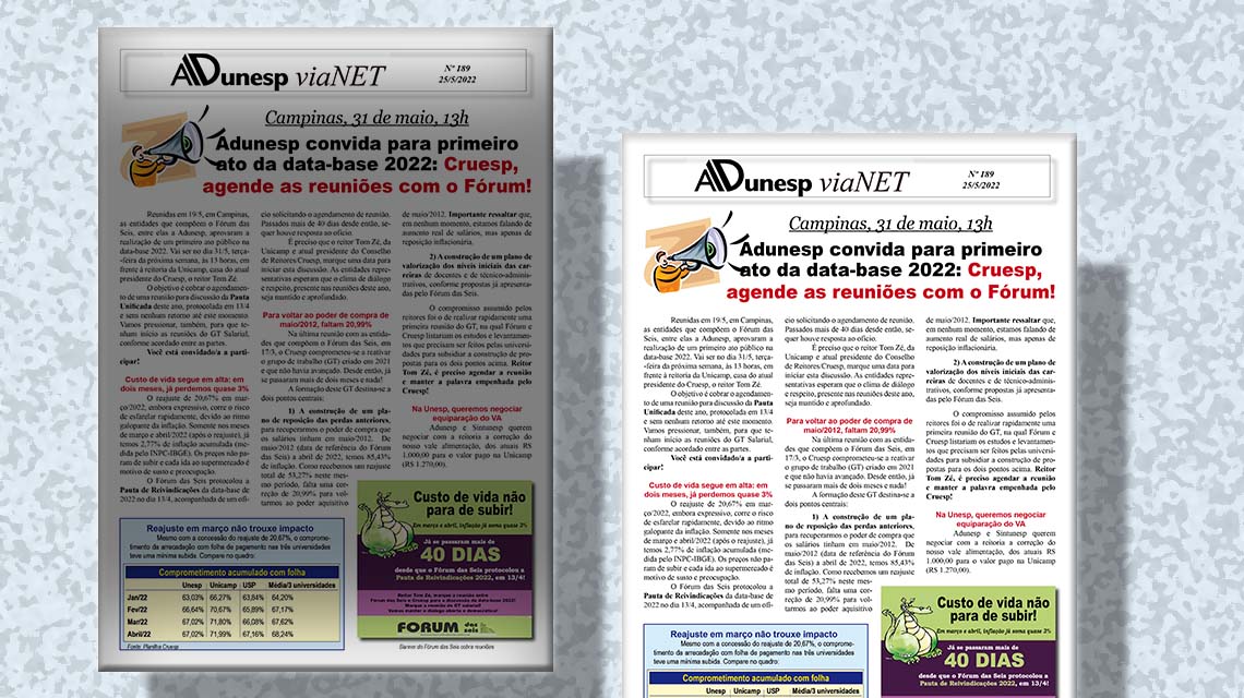 Campinas, 31 de maio, 13h: Adunesp convida para primeiro ato da data-base 2022: Cruesp, agende as reuniões com o Fórum!