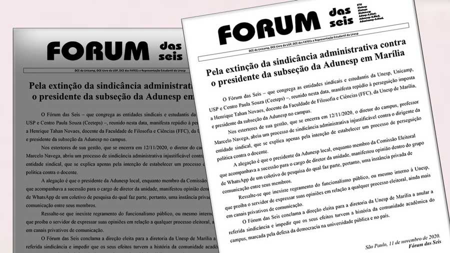 Fórum das Seis repudia perseguição política na Unesp de Marília
